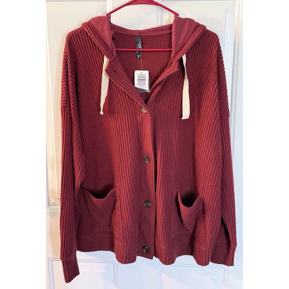 torrid Ribbed Hooded Button-Front Cardigan - Brick Red